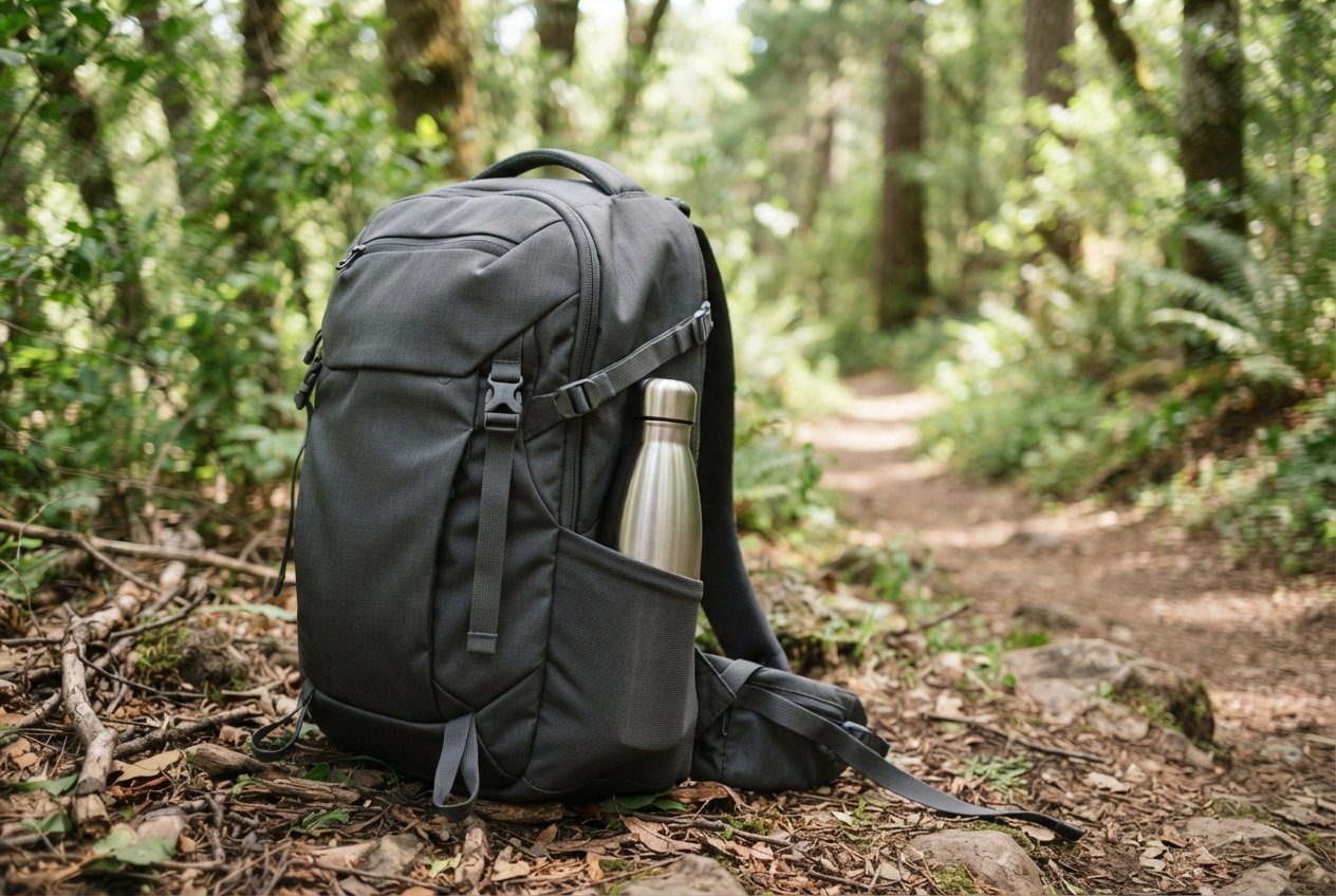 A metal water bottle tucked into the side pocket of a backpack.
