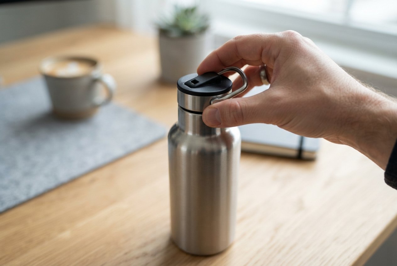 Close-up of a hand opening a generic metal water bottle lid.