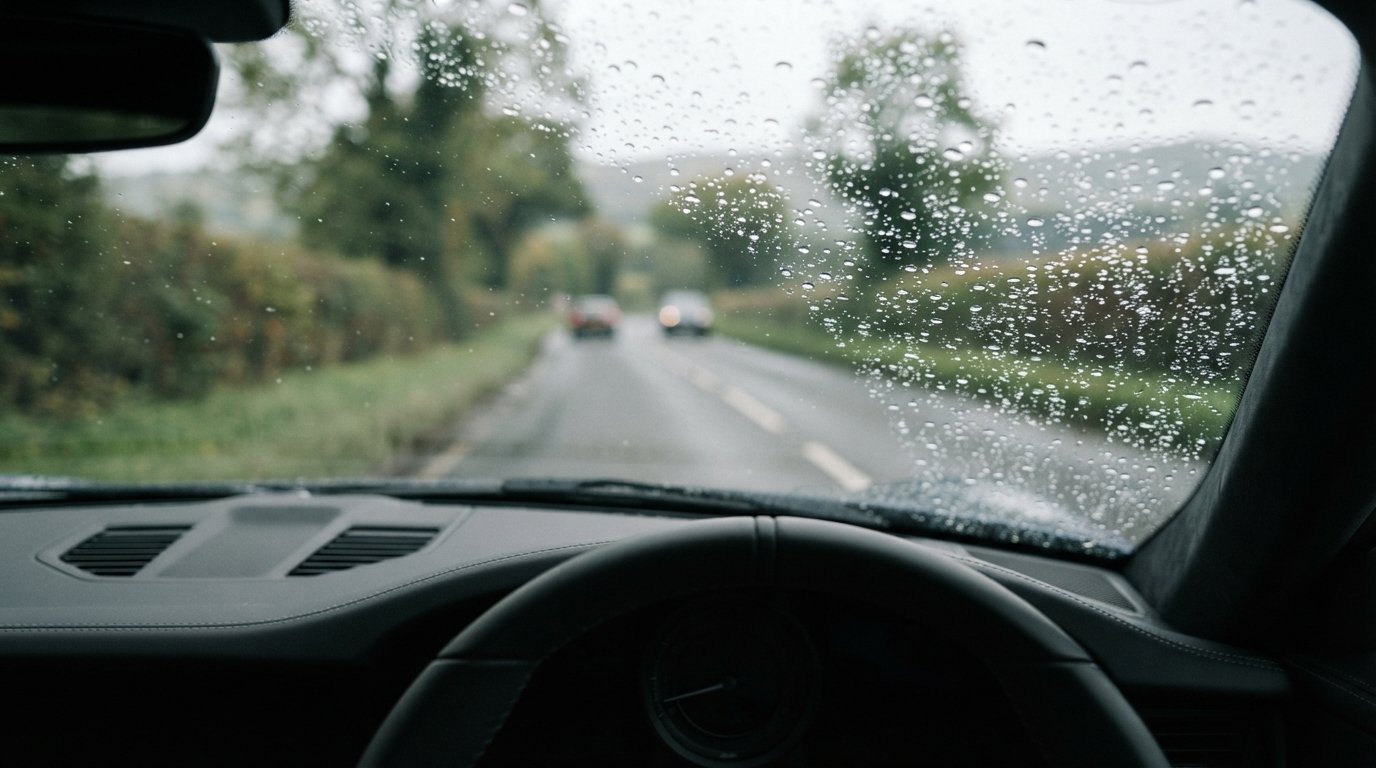 Close-up view through a vehicle windshield during light rain with soft focus on the road ahead.