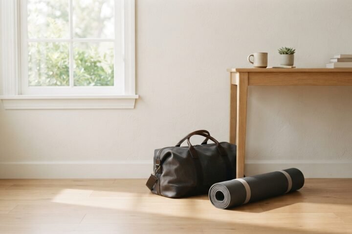 A clean, minimalist fitness environment featuring a gym bag and a rolled-up yoga mat on a hardwood floor in soft morning light.