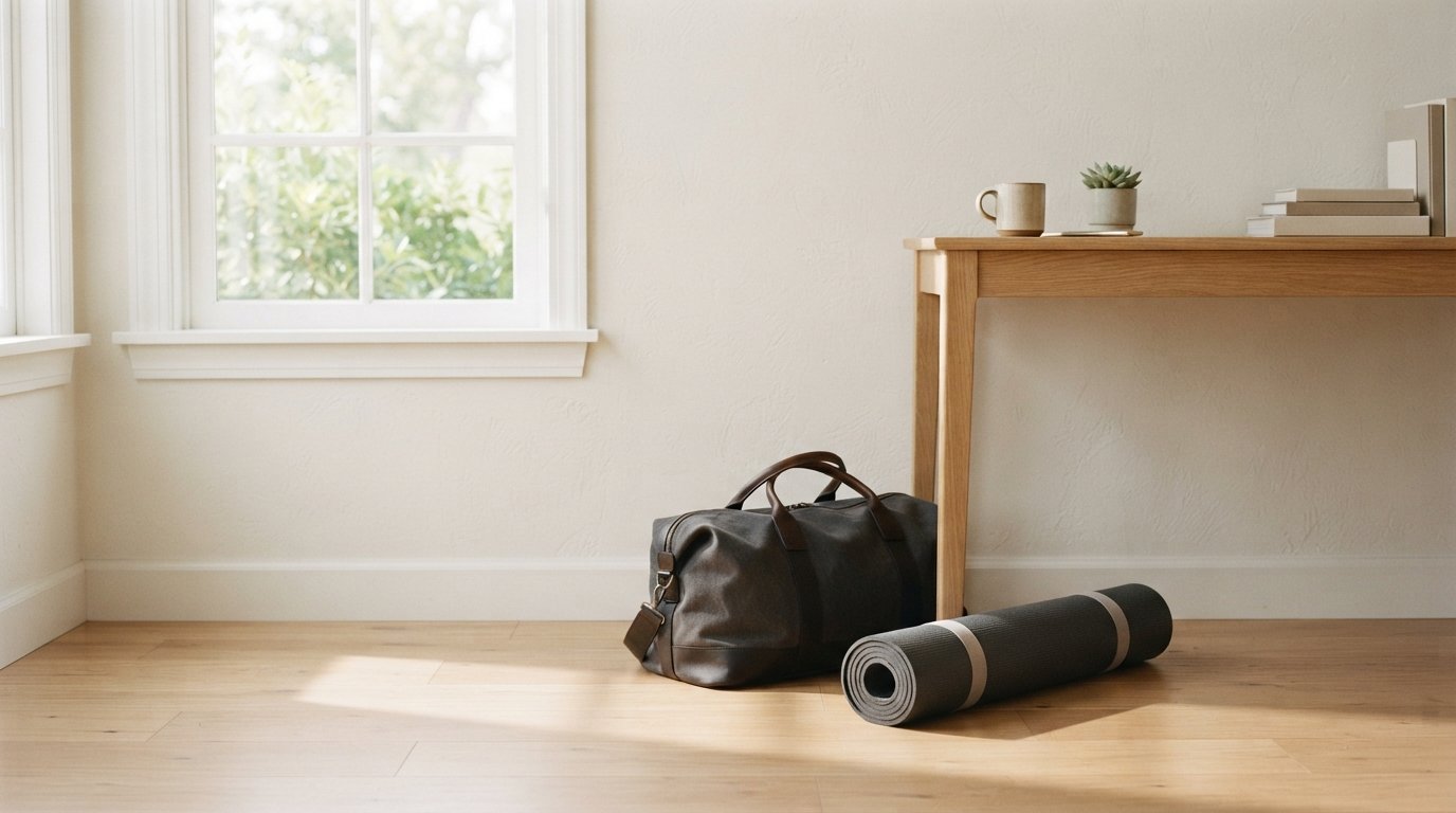 A clean, minimalist fitness environment featuring a gym bag and a rolled-up yoga mat on a hardwood floor in soft morning light.