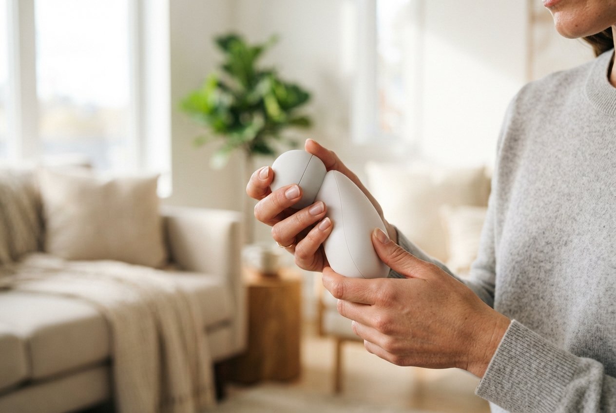A person holding a generic compact handheld massage device in a brightly lit modern living room.