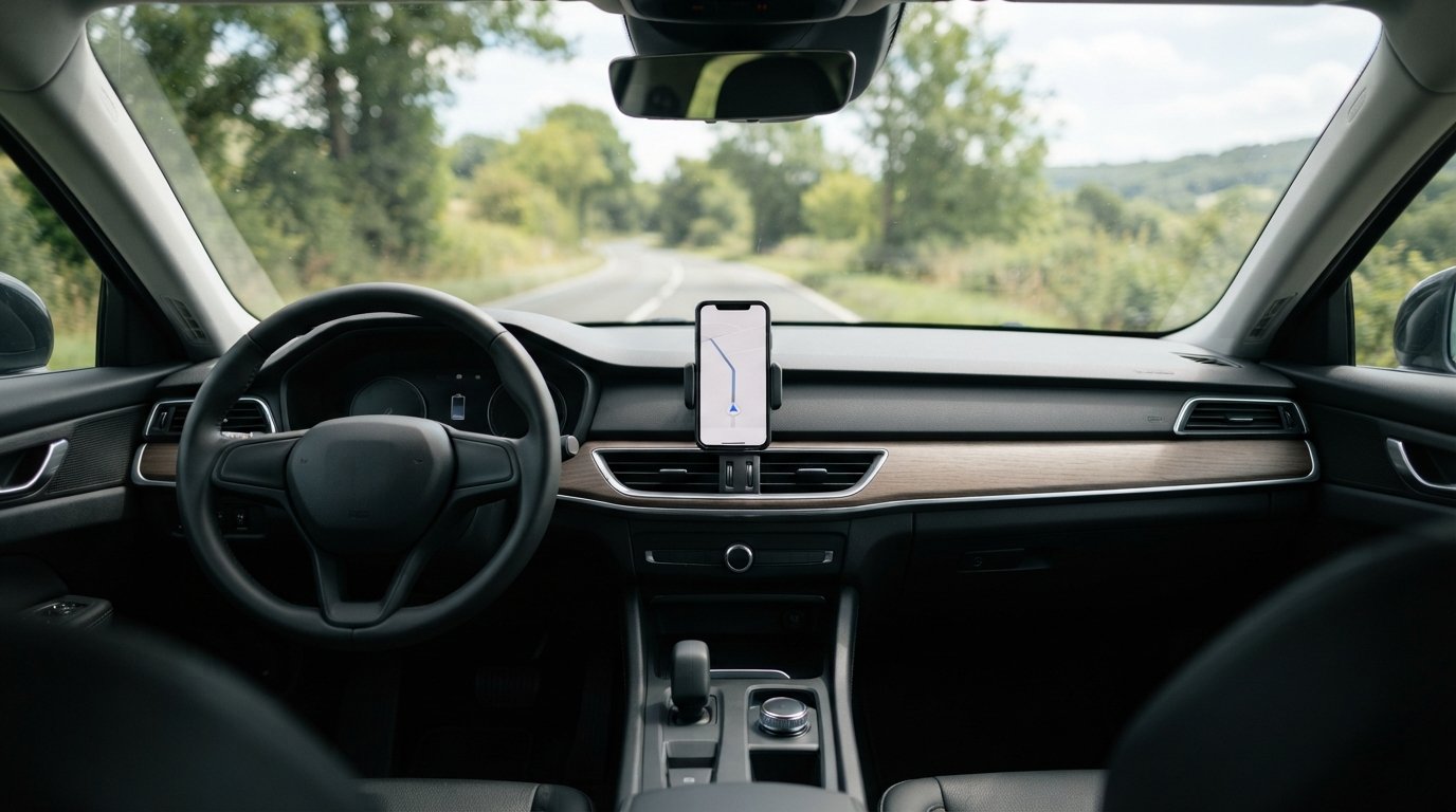 A smartphone mounted on a car dashboard for navigation purposes.