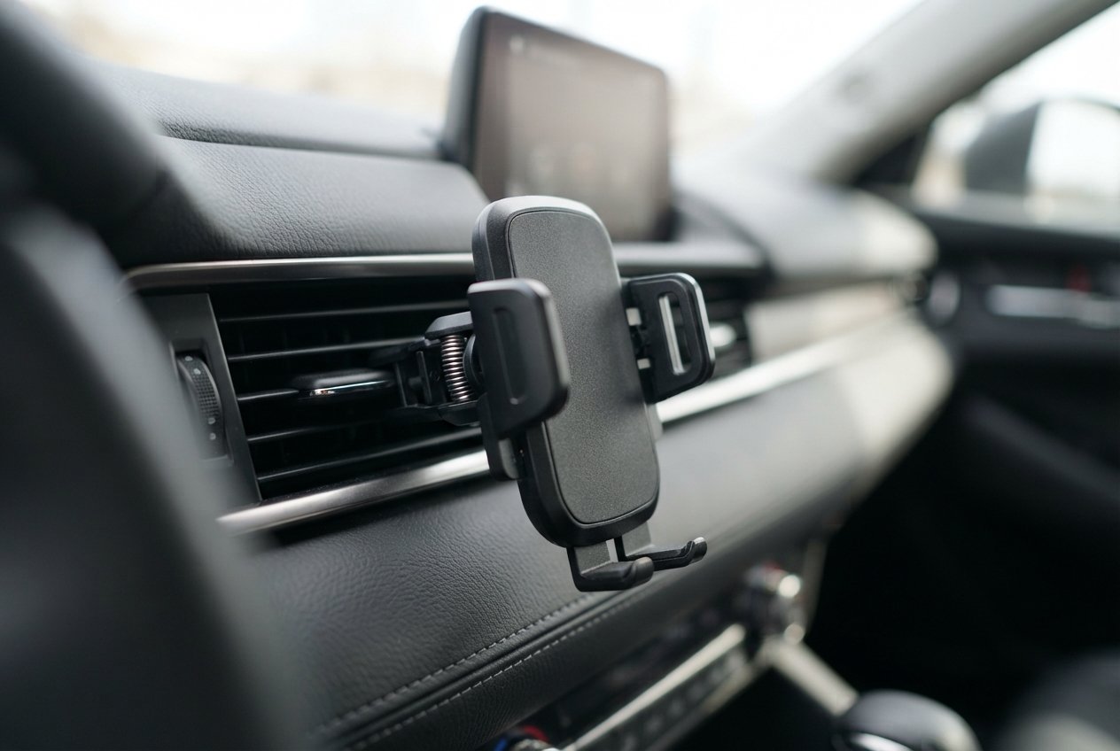 A close-up of a generic phone holder attached to a vehicle air vent.