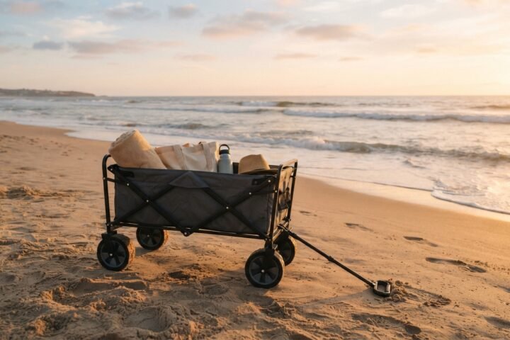 A collapsible utility wagon on a sandy beach during sunset.
