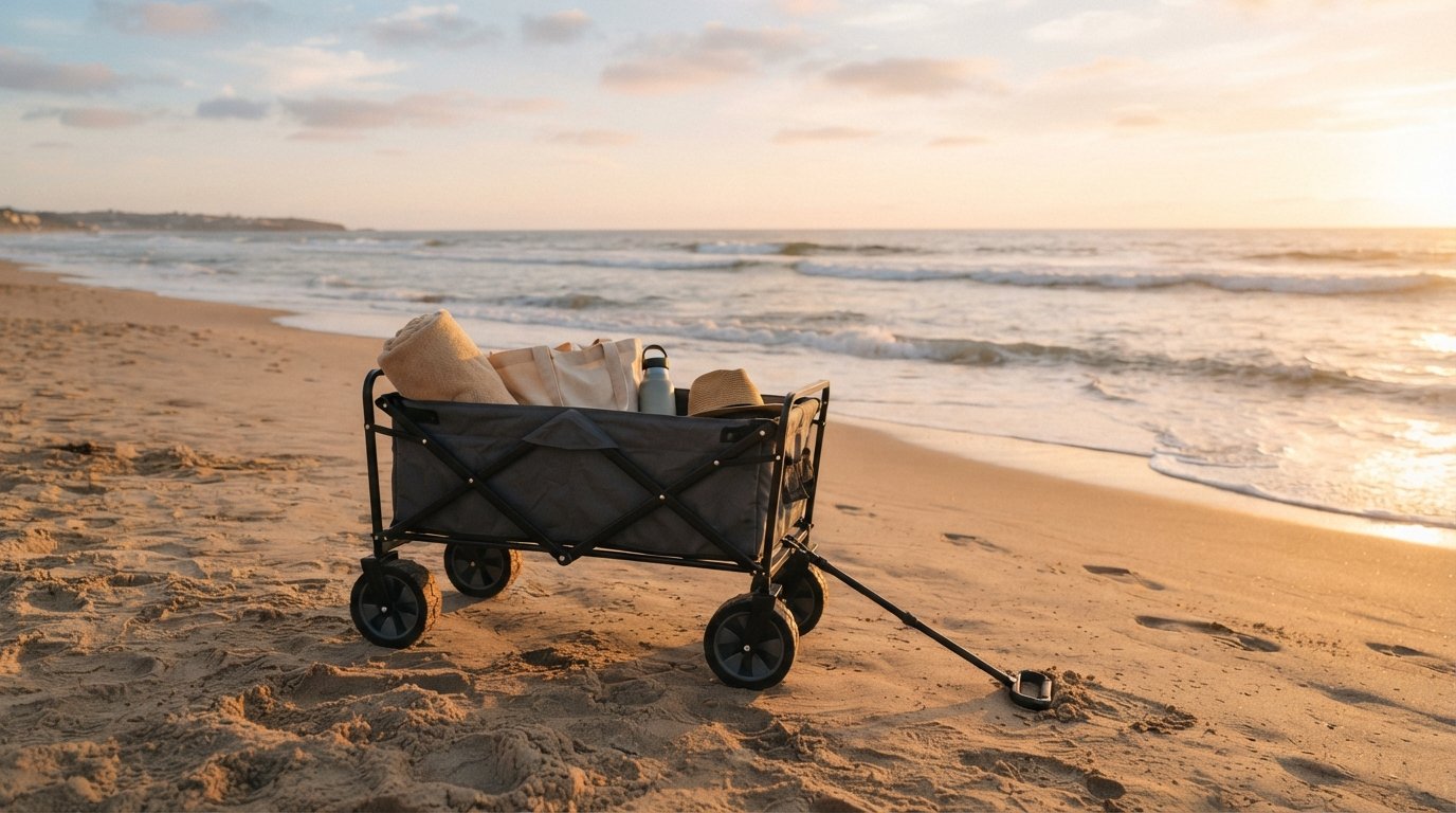 A collapsible utility wagon on a sandy beach during sunset.