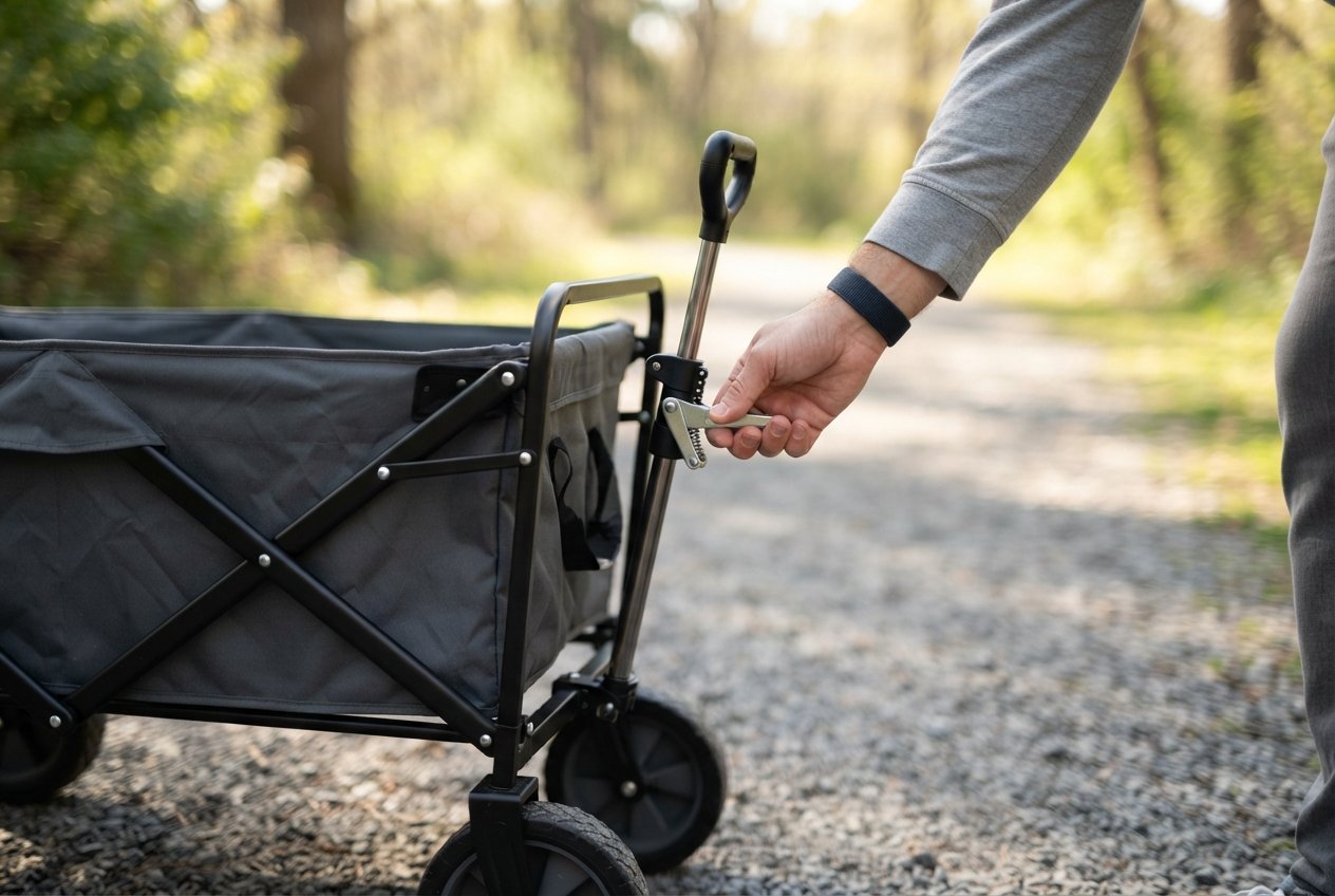 A close-up shot showing the handle of a utility wagon.